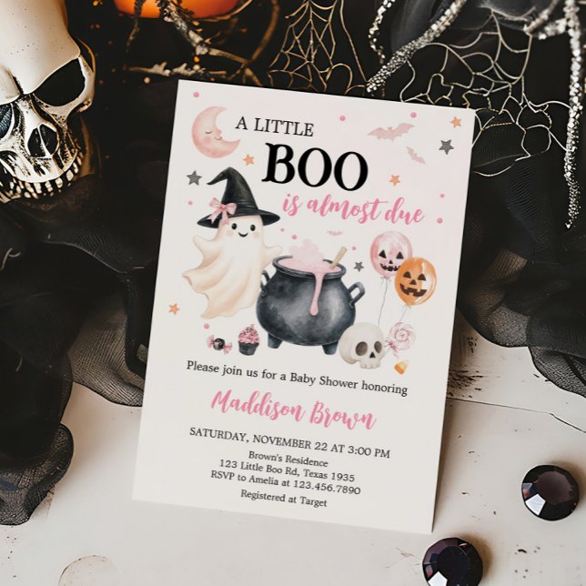 Convites Chá de fraldas de bruxaria rosa (Girl Witch Ghost Little Boo Baby Shower Invitation)