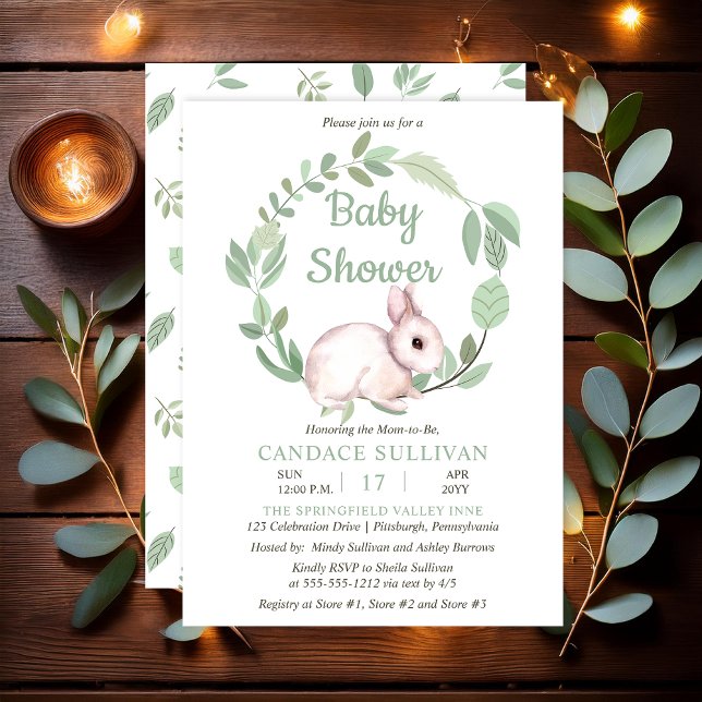 Convites Chá de fraldas de Bunny Rabbit Sage Floral Wreath  (Cute Easter Bunny Rabbit and Eucalyptus Wreath Sage Green Baby Shower - Print | Digital)