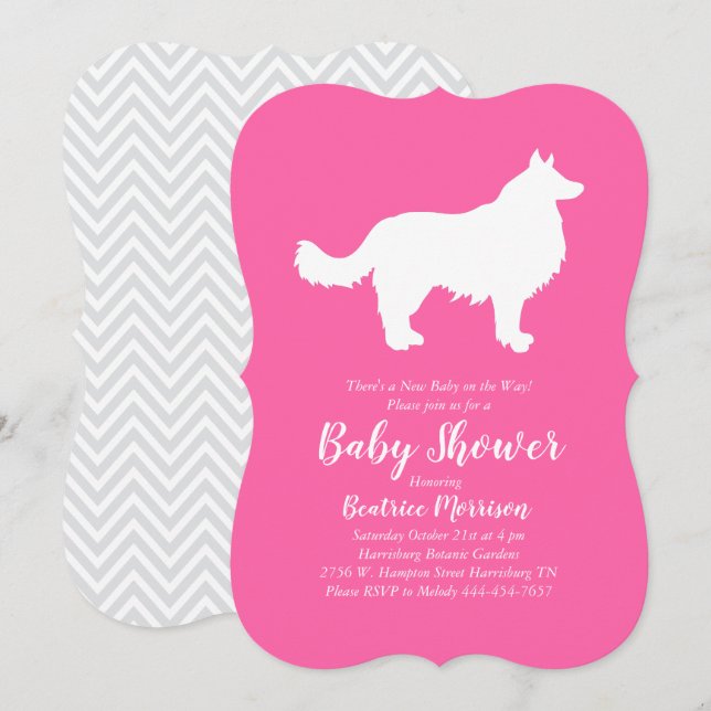 Convites Chá de fraldas de Cachorro Collie Rosa (Frente/Verso)