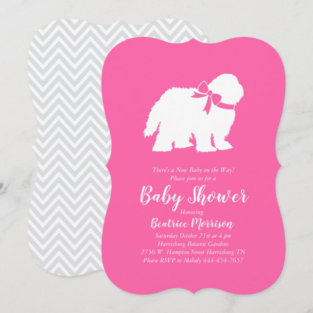 Convites Chá de fraldas de Cachorro de Ovelha Inglês Rosa (Frente/Verso)