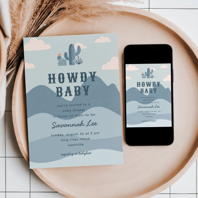 Convites Chá de fraldas de Cactus no Deserto Ocidental (Desert themed baby shower invitation with cute cactus illustrations)