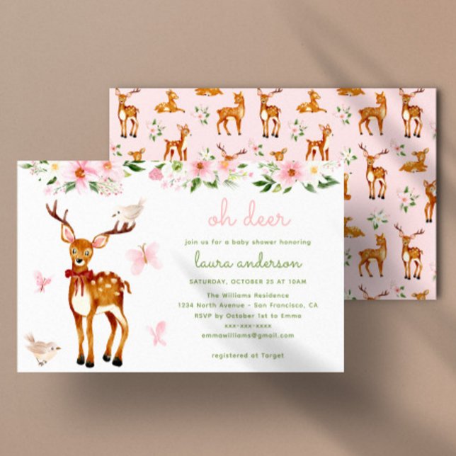 Convites Chá de fraldas de Cadeado de Cerrado (Deer baby shower invitation with pink and green watercolor painting)