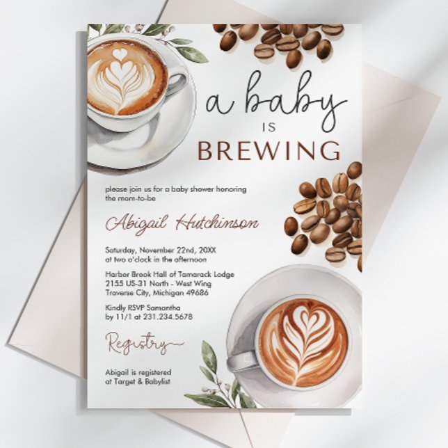 Convites Chá de fraldas de café - Um bebê está se preparand (Coffee Baby Shower - a Baby is Brewing Gender Neutral Baby Shower Invitation)