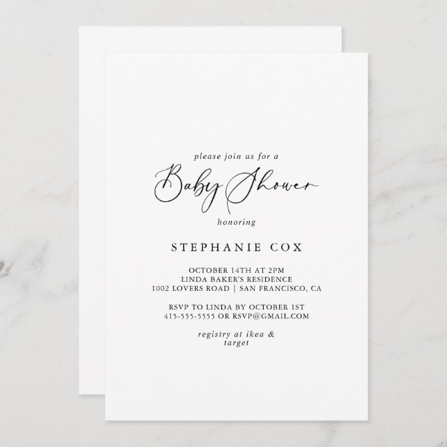 Convites Chá de fraldas de Caligrafia Na moda (Frente/Verso)