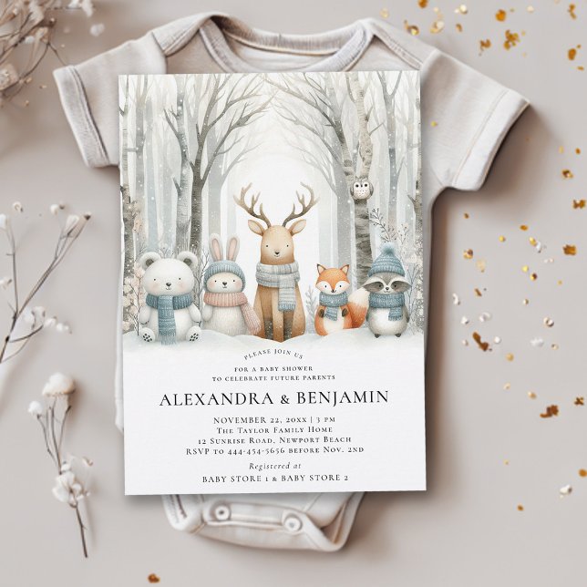 Convites Chá de fraldas de Cama de Animais da Floresta Cura (winter baby shower invitation neutral white wonderland enchanted forest woodland animals coed cute)