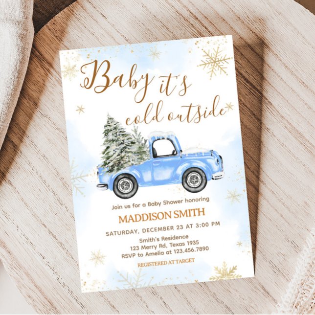 Convites Chá de fraldas de Caminhão Azul de inverno (Blue Baby It's Cold Outside Baby Shower Invitation)
