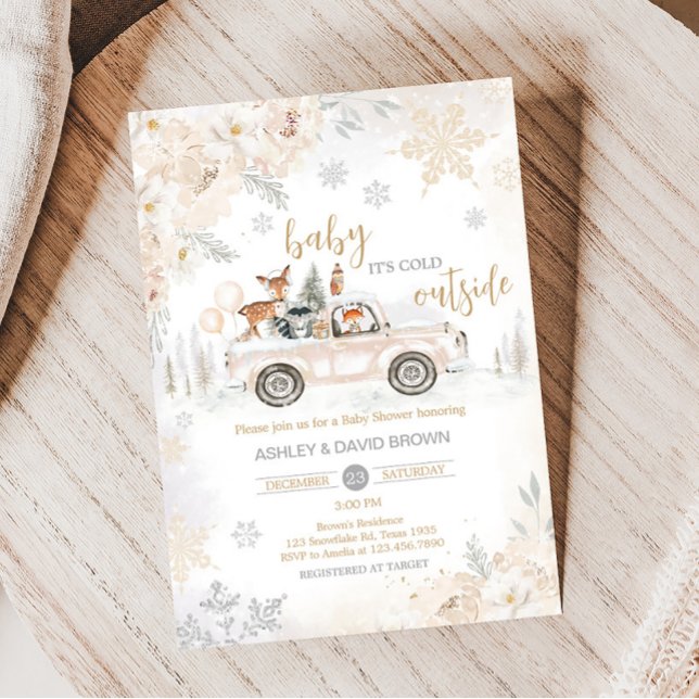 Convites Chá de fraldas de Caminhão da Woodland de inverno (Woodland Winter Truck Baby Shower Invitation)