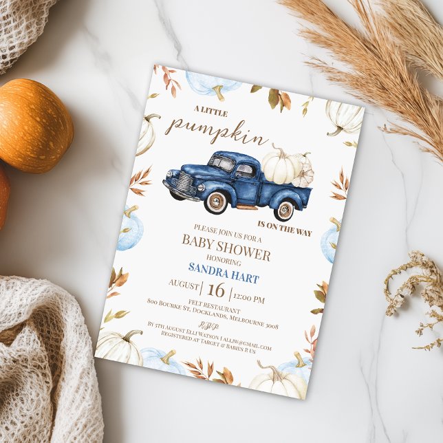 Convites Chá de fraldas de Caminhão de Abóbora Branco Azul (Boys Little Pumpkin Baby Shower Invitation Template, Editable Fall Pumpkin Truck Baby Shower Invite)
