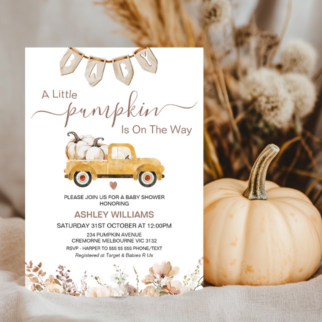 Convites Chá de fraldas de Caminhão de Abóbora Castanho Peq (Gender Neutral Fall Pumpkin Baby Shower Invitation Template, Little Pumpkin Baby Shower Invitation)