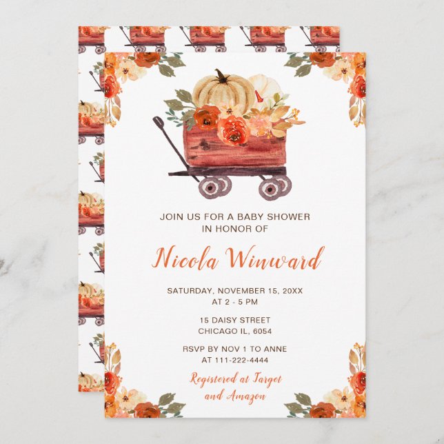 Convites Chá de fraldas de Caminhão de Bompkin Floral Laran (Frente/Verso)