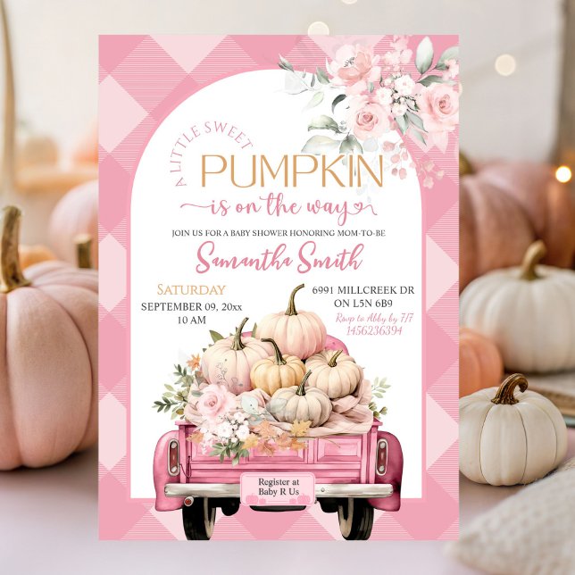 Convites Chá de fraldas de Caminhão Gingham Pumpkin Floral  (Criador carregado)