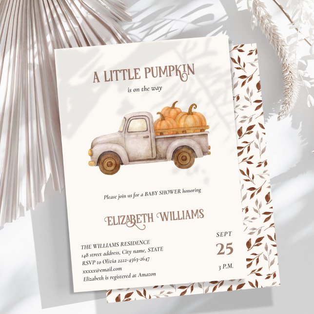 Convites Chá de fraldas de Caminhão Russo Pumpkin minimalis (A little pumpkin baby shower Invitation with Rustic Truck & Fall Charm)