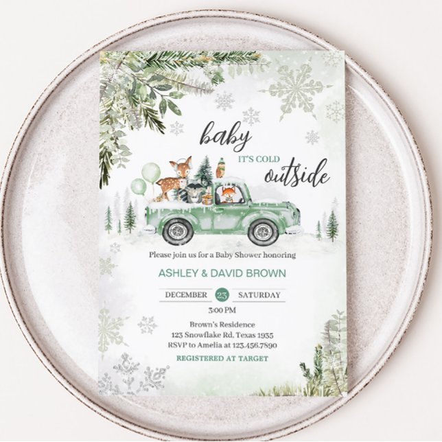 Convites Chá de fraldas de Caminhão Verde da Floresta de in (Sage Green Winter Truck Baby Shower Invitation)