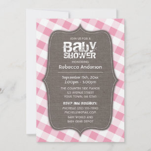 Convites Chá de fraldas de Canvas de Gingham Rosa e Branco