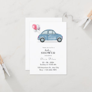 Convites Chá de fraldas de carro azul de aquarela simples