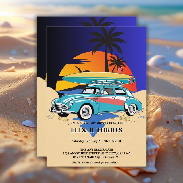 Convites Chá de fraldas de Carro de Surfer Retroativo (Criador carregado)