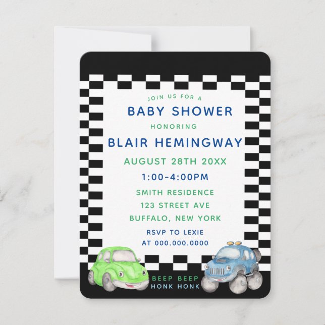 Convites Chá de fraldas de Carros de Aquarela com Sinalizad (Frente)