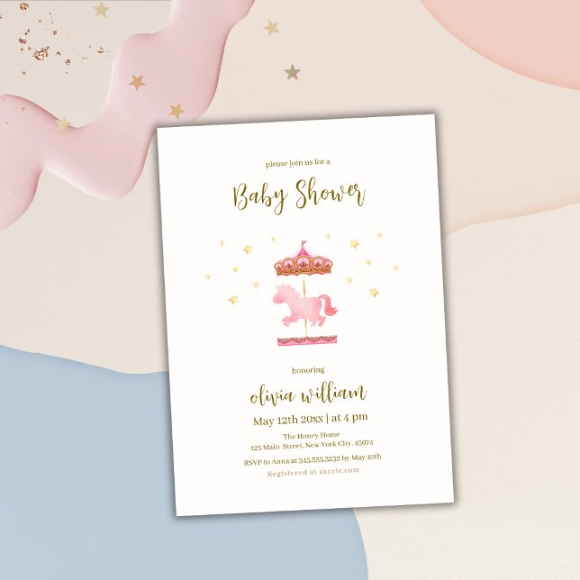 Convites Chá de fraldas de Carrossel Elegante Dourado rosa (Pink Gold Elegant Carousel Carnival Baby Shower Invitation)