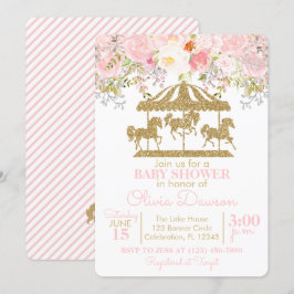 Convites Chá de fraldas de Carrossel Floral Rosa e Dourado