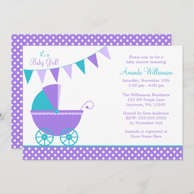 Convites Chá de fraldas de Carruagem de Bunting Roxo (Frente/Verso)
