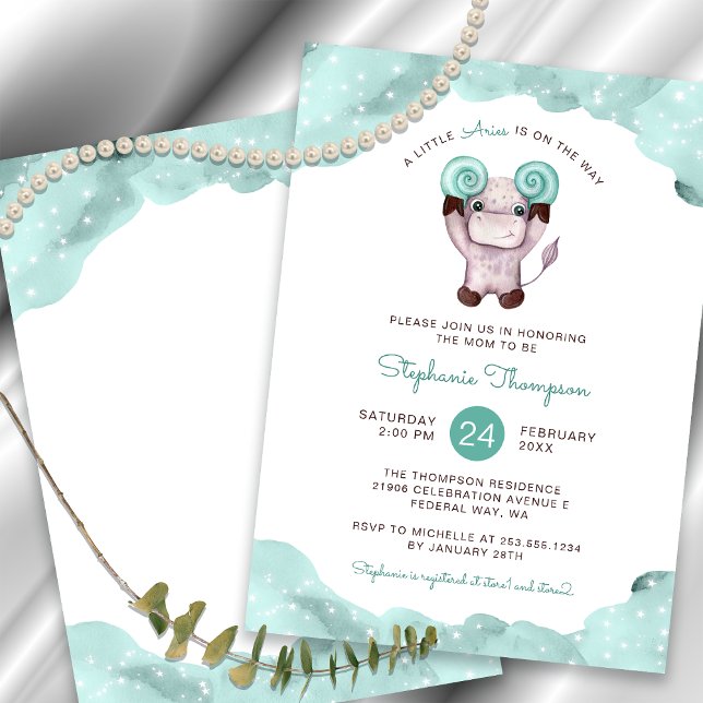 Convites Chá de fraldas de Casa Celestial - Sinal de Astrol (Celestial Aries Astrology Sign Mint Baby Shower Invitation)