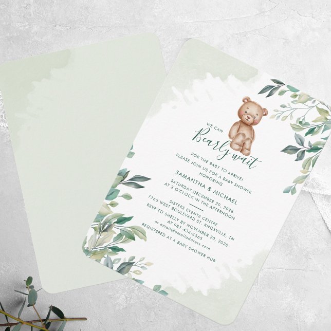 Convites Chá de fraldas de Casais de Folhagem Eucalyptus Be (We Can Bearly Wait Bear Eucalyptus Baby Shower Invitation)