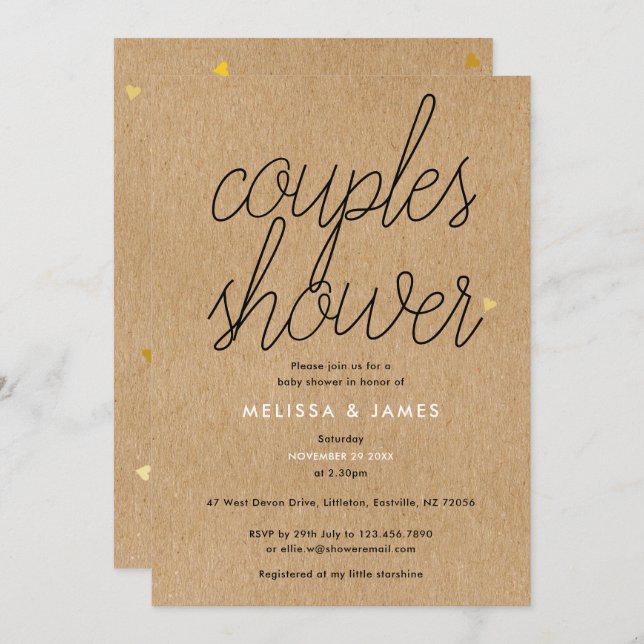 Convites Chá de fraldas de Casais Dourados do Kraft Script  (Frente/Verso)