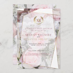 Convites Chá de fraldas de Casal de Rosas Rosa Geométricas 