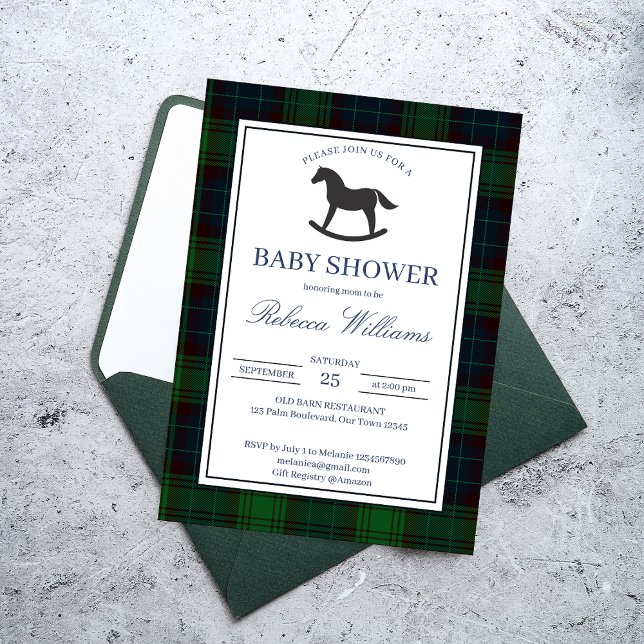 Convites Chá de fraldas de cavalo de balanço xadrez verde c (Classic emerald green plaid vintage rocking horse baby shower invitation cards template)