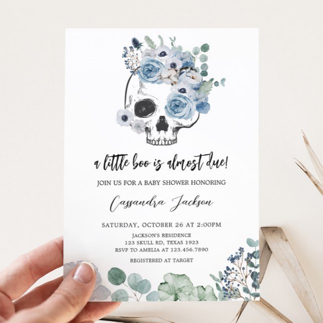 Convites Chá de fraldas de Caveira Floral Azul Gótico (Floral Skull Baby Shower Invitation)