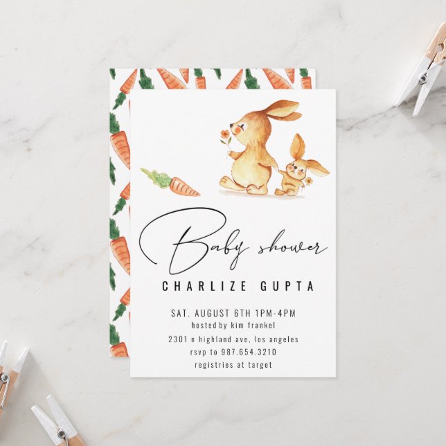 Convites Chá de fraldas de cenoura de coelho Convidar menin (Frente/Verso In Situ)