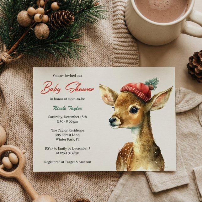 Convites Chá de fraldas de cervídeos da Floresta Cinzenta d (Woodland Deer Baby Shower Invitation – Cozy Neutral Winter Theme)