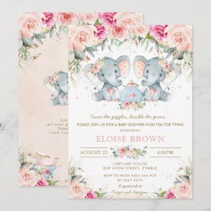 Convites Chá de fraldas De Chá Floral De Elefante Blush T