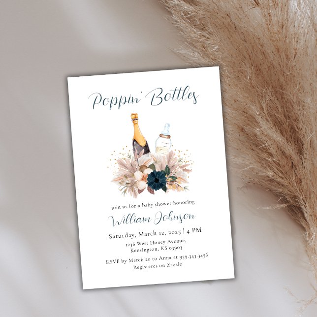 Convites Chá de fraldas de Champanhe de Boho Azul (Blue Boho Poppin Bottles Champagne Baby Shower Invitation)