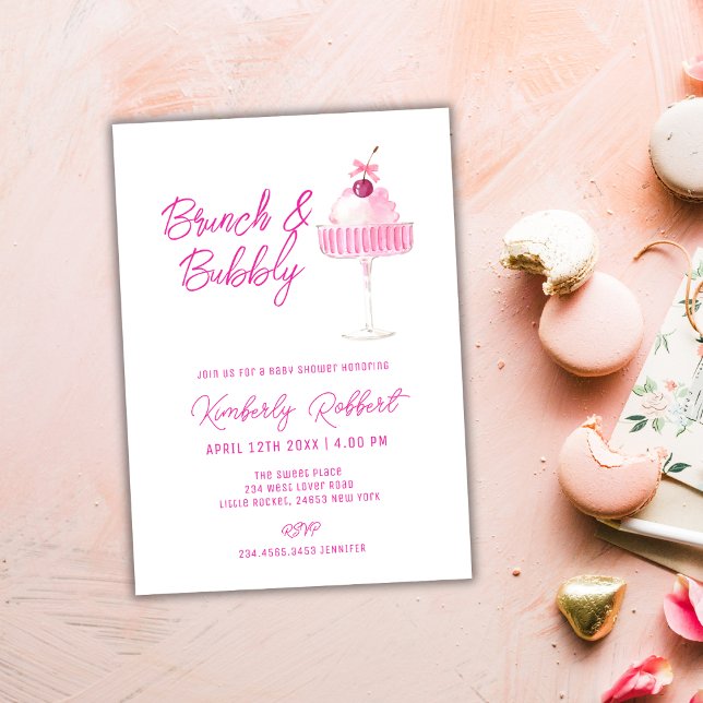 Convites Chá de fraldas de champanhe de cereja rosa Brunch (Pink Cherry Champagne Brunch Bubbly Baby Shower Invitation)