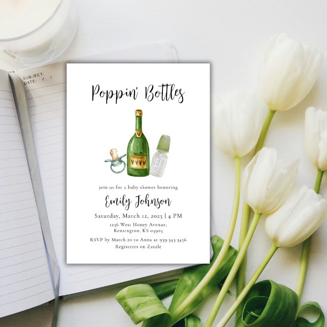 Convites Chá de fraldas de Champanhe de Frascos Verdes Sage (Sage Green Poppin Bottles Champagne Baby Shower Invitation)