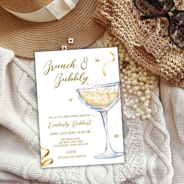 Convites Chá de fraldas de champanhe Dourado Elegante Brunc (Gold Elegant Brunch Bubbly Champagne Baby Shower Invitation)