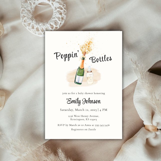 Convites Chá de fraldas de Champanhe Elegante (Elegant Poppin Bottles Champagne Baby Shower Invitation)