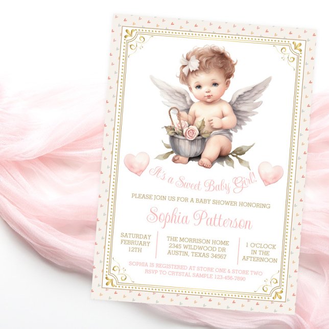 Convites Chá de fraldas de Cherub Namorados doce (Sweet baby shower invitation with adorable baby girl cherub on a pretty heart background.)