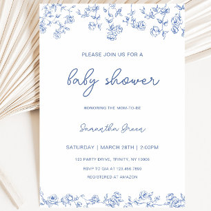 Convites Chá de fraldas de Chinoiserie Floral Blue Dusty