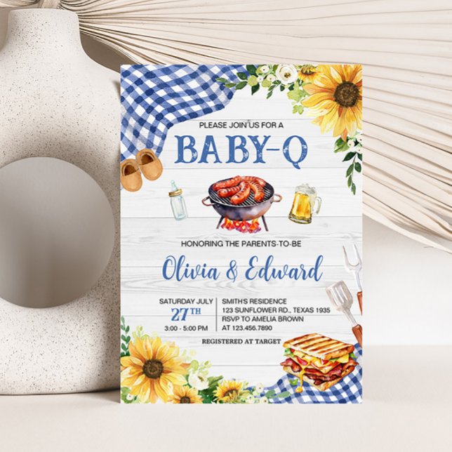 Convites Chá de fraldas de CHURRASCO de girassol azul (Boy Picnic Backyard Baby Shower Invitation)