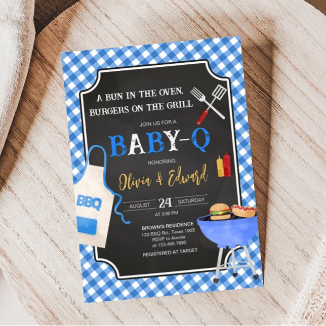 Convites Chá de fraldas de CHURRASCO Gingham Azul (Boy Baby-Q Baby Shower Invitation)