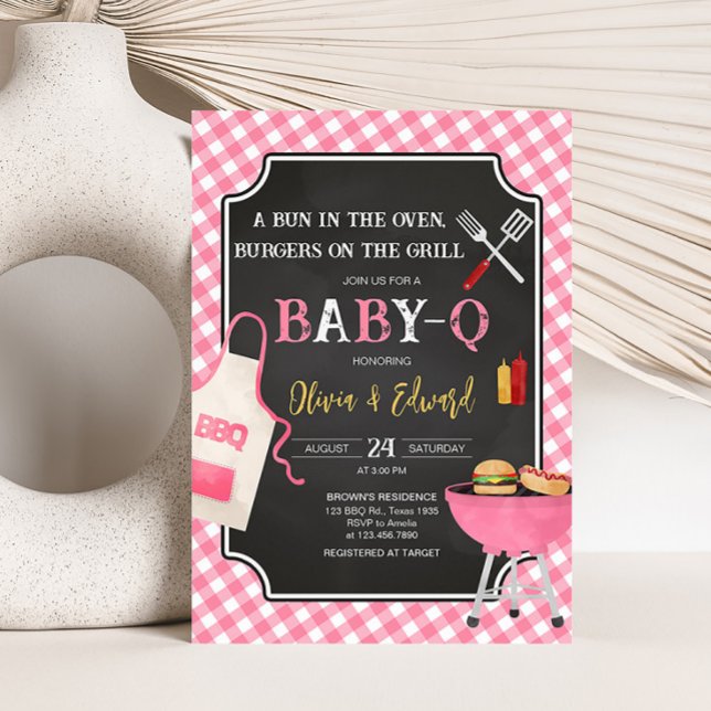 Convites Chá de fraldas de CHURRASCO Gingham rosa (Girl Baby-Q Baby Shower Invitation)