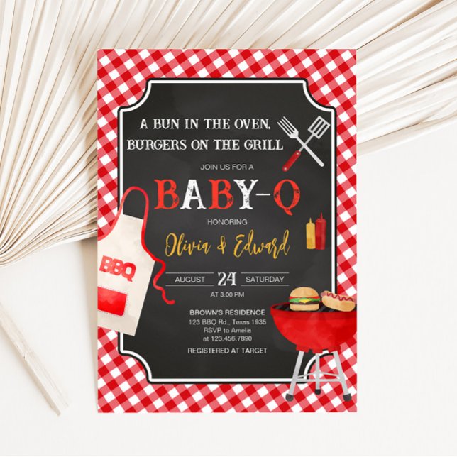 Convites Chá de fraldas de CHURRASCO Red Gingham (Burger in the Oven Baby Shower Invitation)