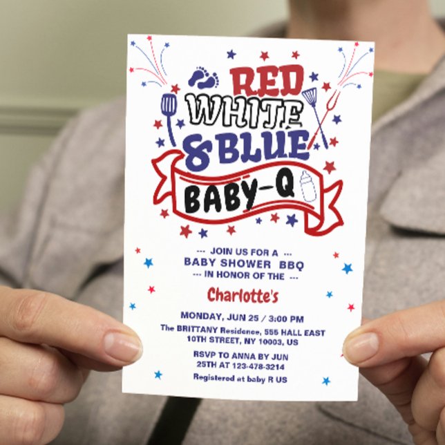 Convites Chá de fraldas de CHURRASCO Red White e Blue Baby  (BBQ BABY-Q baby shower invitation 4th of july them independence day celebration patriotic stars and )