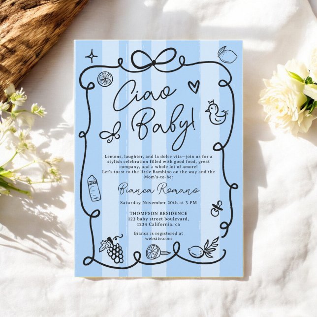 Convites Chá de fraldas de Cião com Mineração Azul (Retro Blue Stripes Italian-Themed Ciao Baby Shower Invitation)