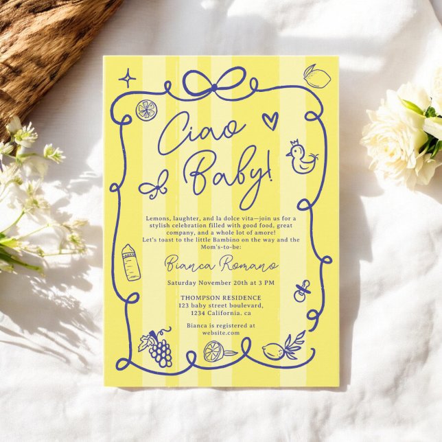Convites Chá de fraldas de Ciao em Italiano com Stripes Ama (Yellow Stripes Italian-Themed Ciao Baby Shower Invitation)