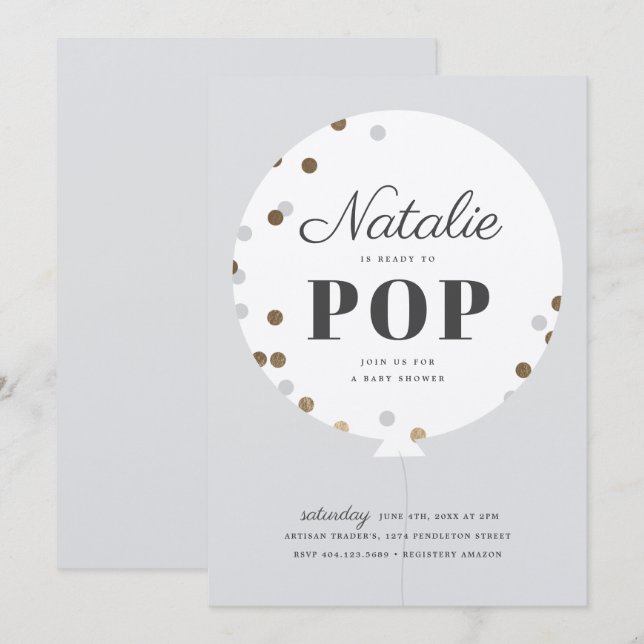 Convites Chá de fraldas de cinza de balão pronto para pop c (Frente/Verso)