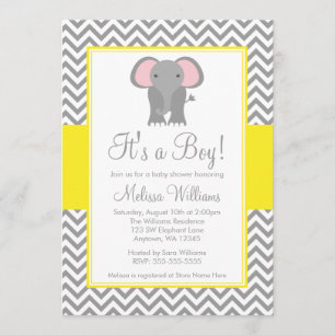 Convites Chá de fraldas de Cinzas amarela do Elefante Chev