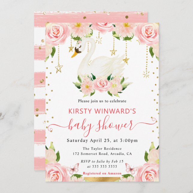 Convites Chá de fraldas de Cisne Floral Elegante de Aquarel (Frente/Verso)